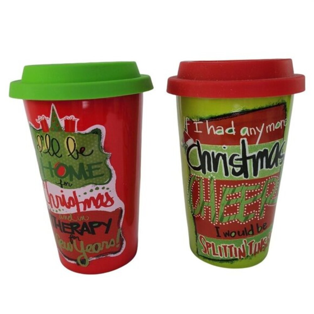 Christmas Saying Travel Mugs Tumbler Set 2 Ceramic Silicone Lid Coffee Tea New
